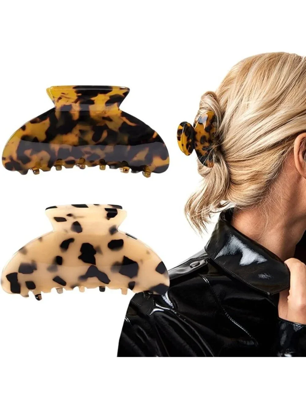 2PCS Large Tortoise Hair Claw Clips - Stylish Leopard Print Barrettes for Women